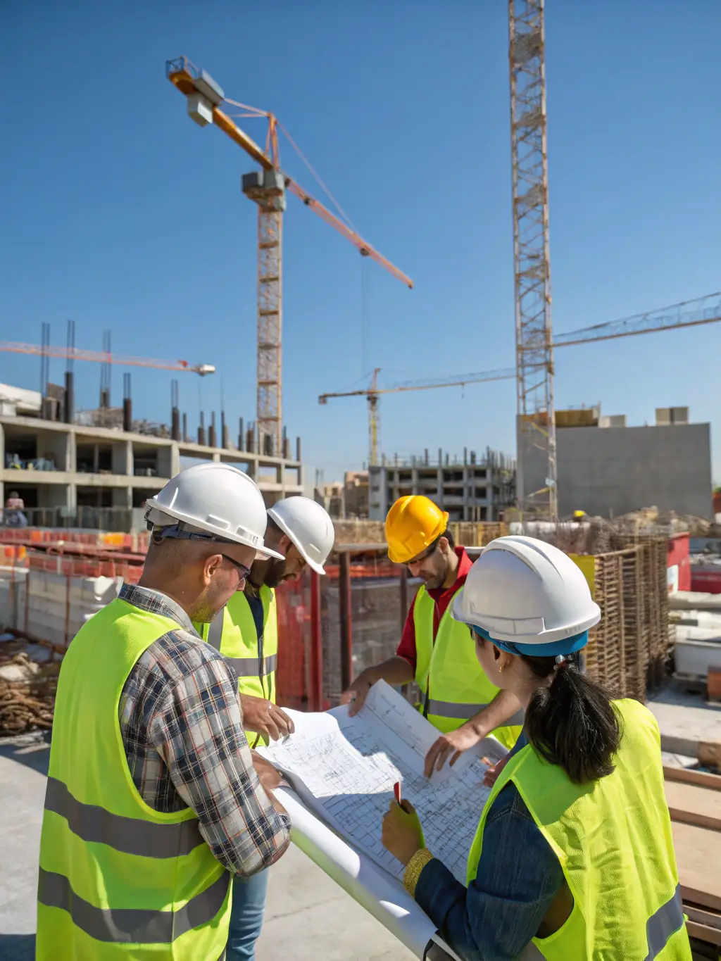 A diverse group of Orvieto General Contracting employees are smiling and collaborating on a construction site, wearing safety gear and holding blueprints, symbolizing teamwork and a positive work environment.
