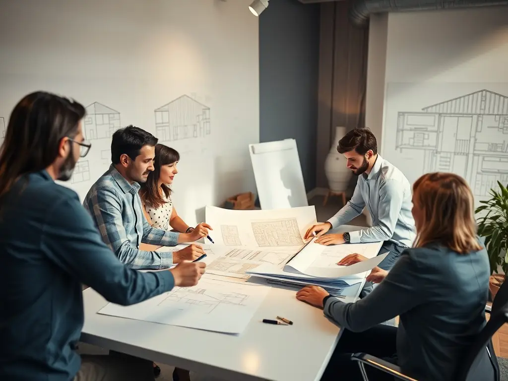 A team of architects and engineers collaborating on a healthcare facility design, highlighting the industry expertise of Orvieto General Contracting.