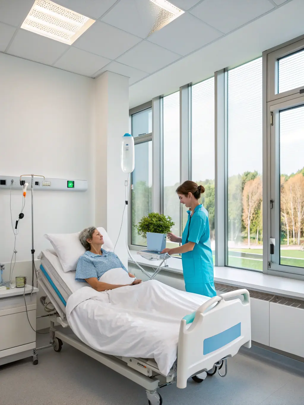 An interior shot of a modern hospital room, showcasing the fit-out with medical equipment, comfortable furniture, and ambient lighting. The image should convey a sense of healing and well-being.
