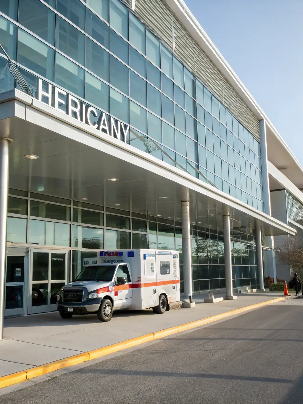 A modern hospital exterior with glass facade, showcasing architectural design and construction expertise in healthcare facilities.
