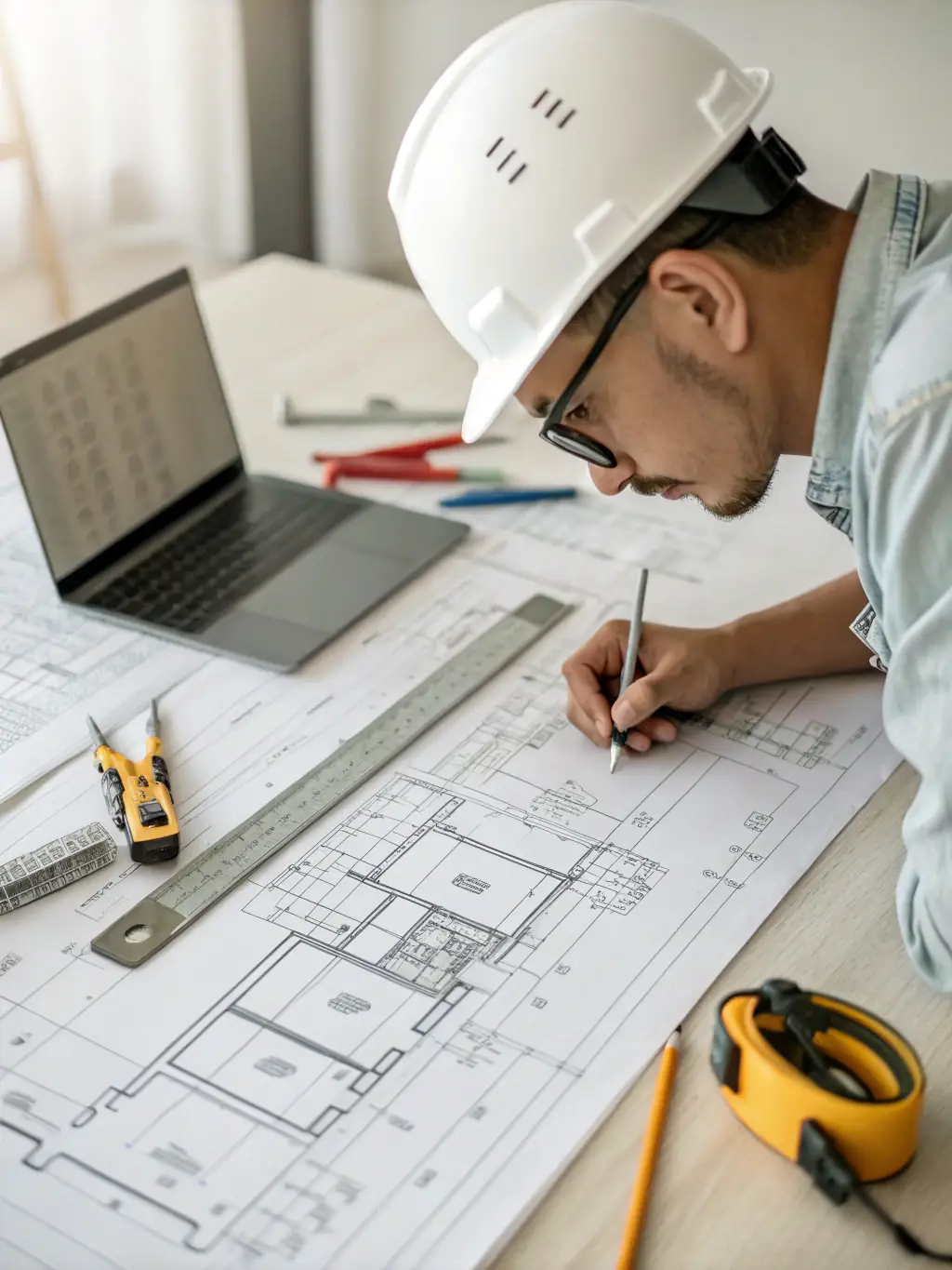 An Orvieto General Contracting employee is reviewing architectural plans at a desk, with a laptop displaying healthcare construction designs, representing professional development opportunities.
