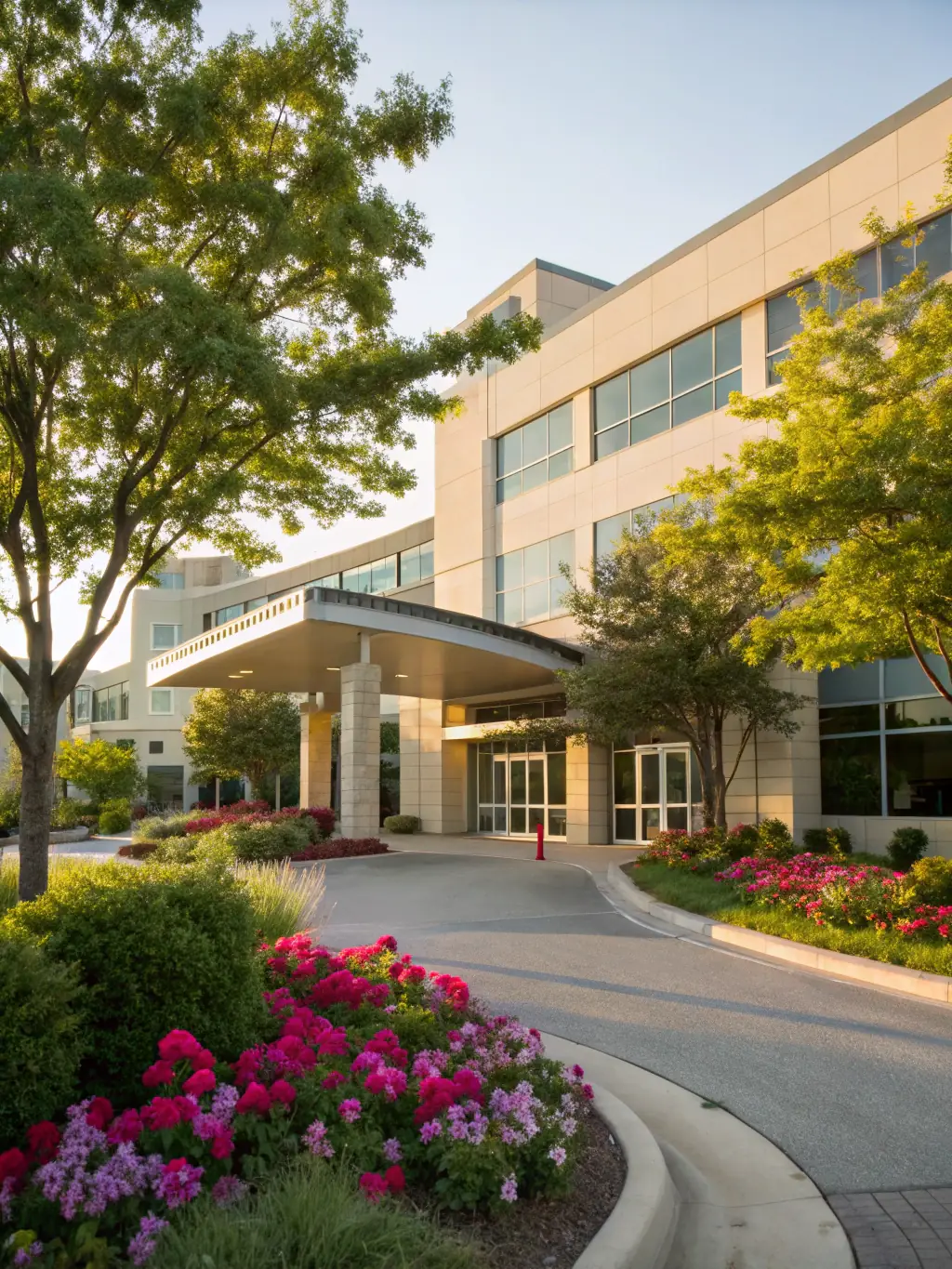 A detailed architectural rendering of a modern hospital exterior, emphasizing clean lines, glass facades, and green spaces, set against a clear blue sky. The image should convey innovation and patient-centric design.